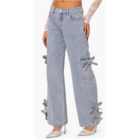 EDIKTED Low Rise Wide Leg Jeans Size Large Bows 4 Days NEW - Picture 1 of 9